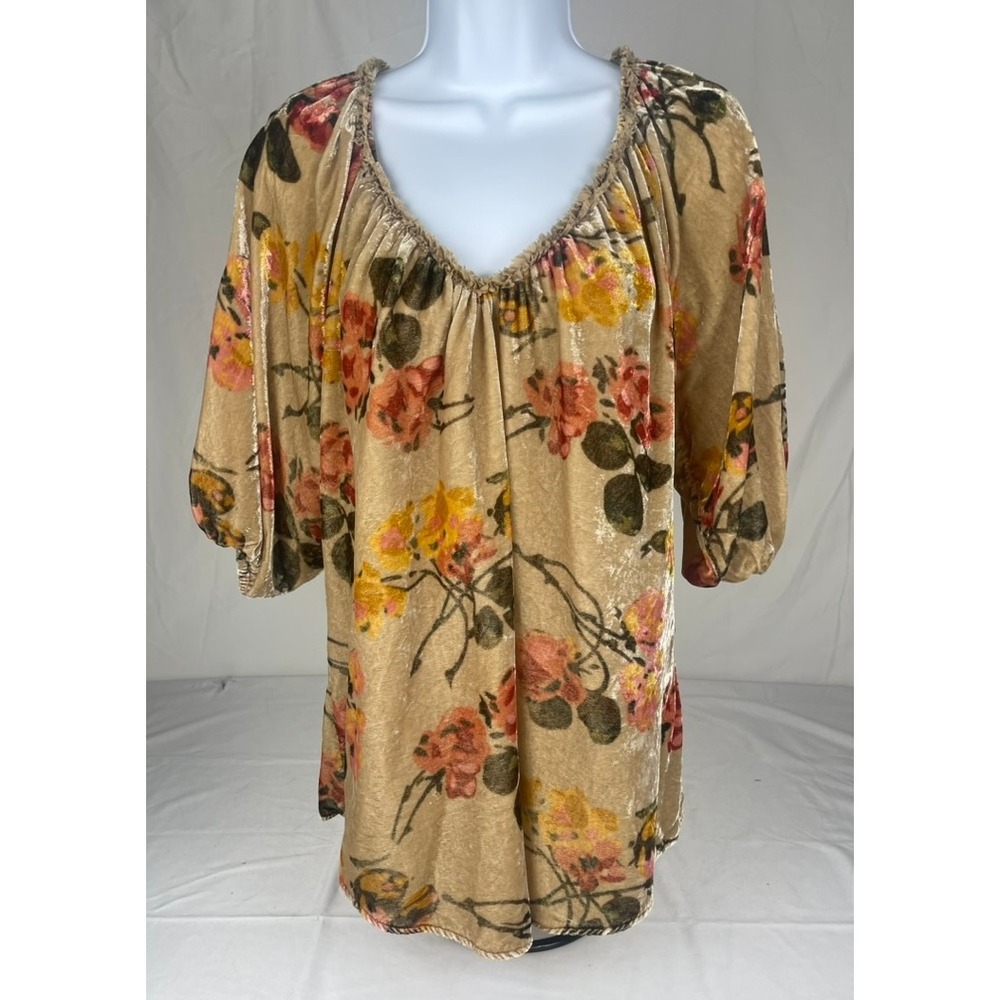 Sundance WOMENS VELVET FLORAL PEASANT BLOUSE SIZE LARGE BEIGE SILK BLEND BOHO TO